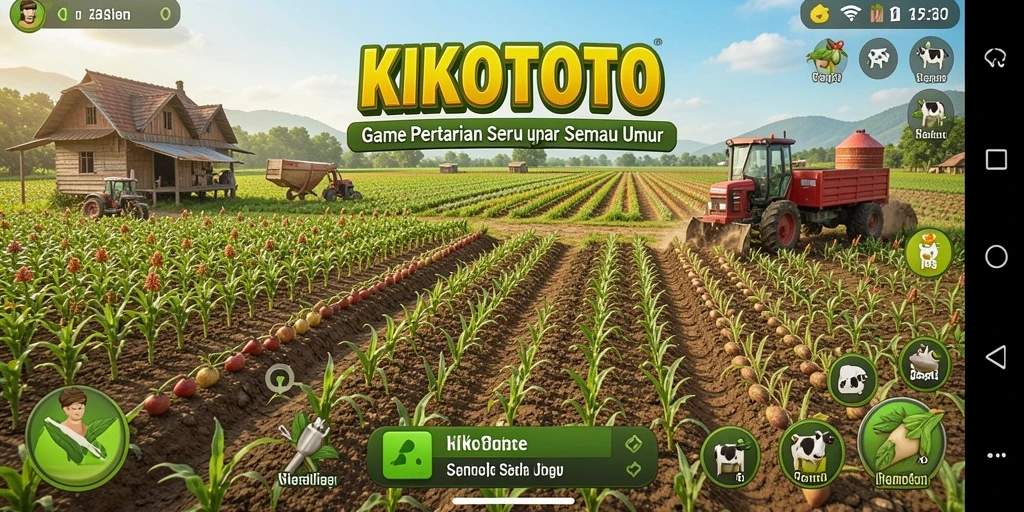 Tampilan permainan KIKOTOTO memperlihatkan ladang yang subur dan hewan peliharaan yang lucu.
