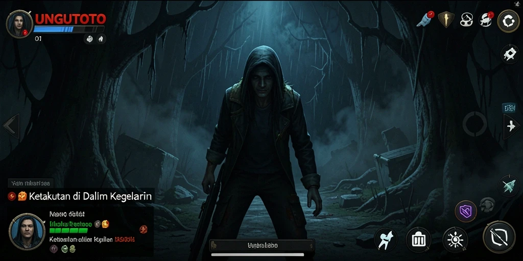 Tampilan gameplay mengerikan UNGUTOTO saat karakter menghadapi kegelapan.